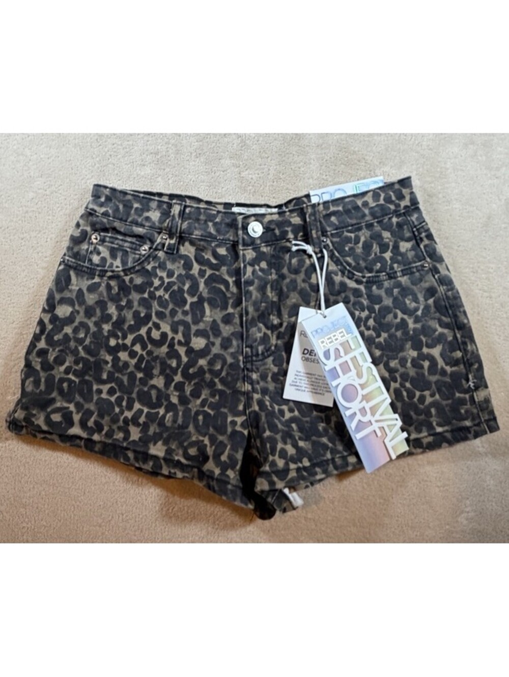 Project Rebel Denim Women’s Size 7 Leopard Print Denim Shorts NWT Y2K